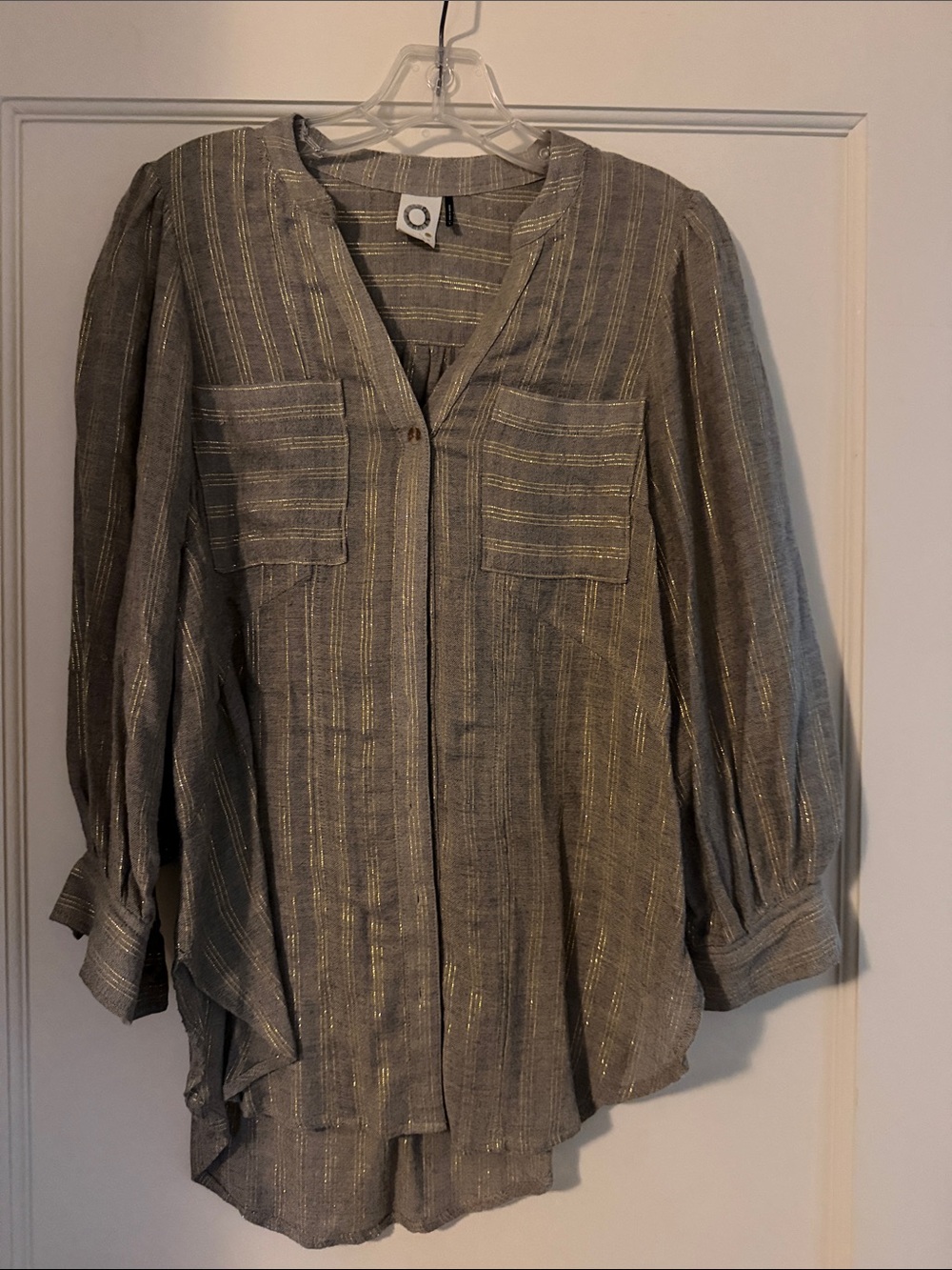 Akemi & Kin Shimmery Metallic Striped Button-Front Blouse - Gold & Gray